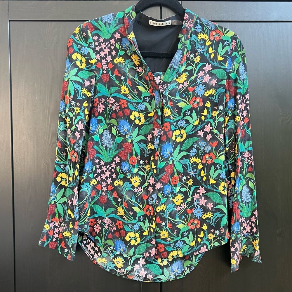 Alice + Olivia Silk Vibrant Floral Patterned Long Sleeve Shirt Size XS